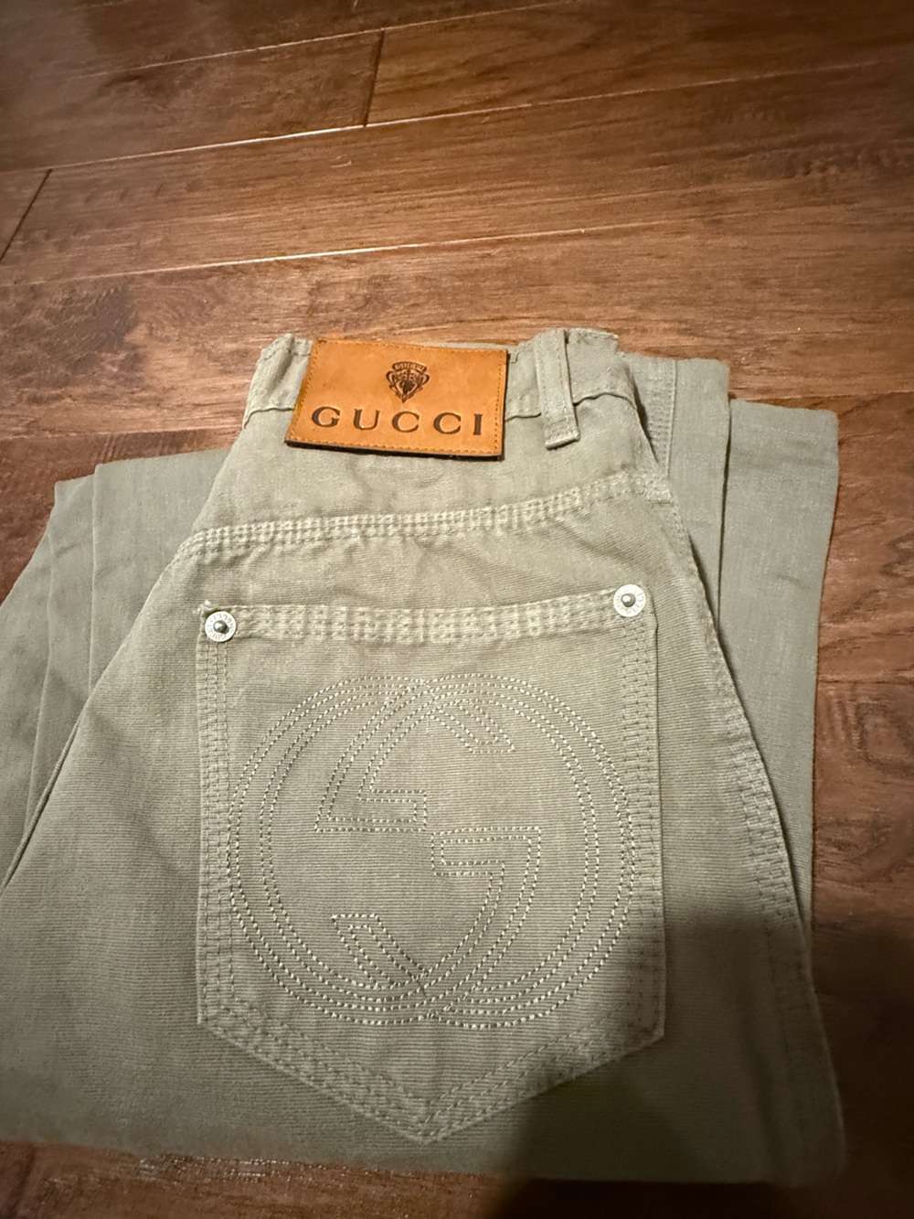Gucci Olive Green Jeans with Embroidered Interlocking G